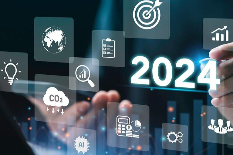 Technology stack overview and innovation Floating icons depicting global and business concepts overlay a "2024" digital display.